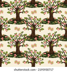 Vector - appletrees seamless pattern, meadow with fallen apples.