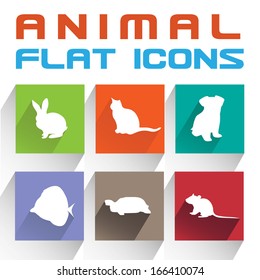 Vector Application Animal Silhouettes Icons Set in Flat Design with Long Shadows