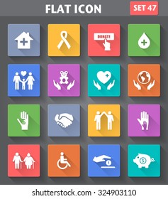 Vector application Charity and Relief Work Icons set in flat style with long shadows.