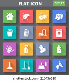 Vector application Cleaning Icons set in flat style with long shadows.