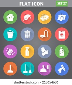 Vector Application Cleaning Icons Set In Flat Style With Long Shadows.