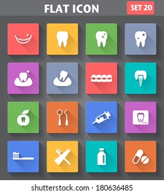 Vector application Dental Icons set in flat style with long shadows.