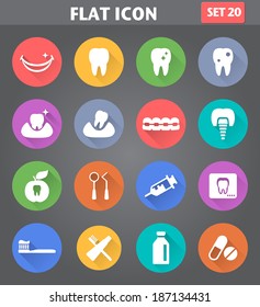 Vector application Dental Icons set in flat style with long shadows.