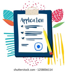 Vector Application Form. Documents With Stamp And Pencil. - Vector