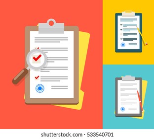 Vector Application Form. Documents with Stamp and Pen, Pencil and Magnifier