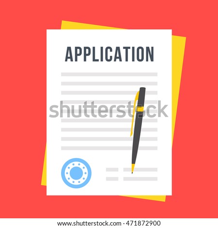 Vector application form. Documents with stamp and pen