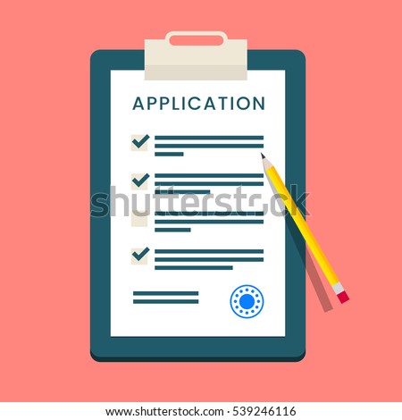 Vector Application Form. Documents with Stamp and Pencil.
