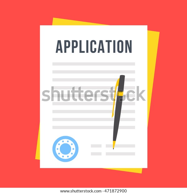 Vector\
application form. Documents with stamp and\
pen