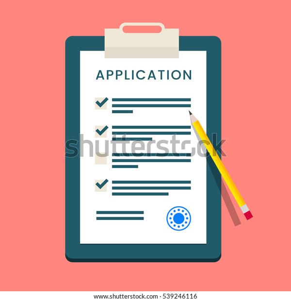 Vector\
Application Form. Documents with Stamp and\
Pencil.