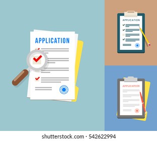 Vector Application Forms. Documents with Stamp and Pen, Pencil and Magnifying Glass.