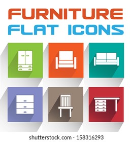 Vector Application Furniture Icons Set in Flat Design with Long Shadows