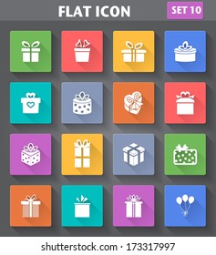 Vector application Gift Icons set in flat style with long shadows.