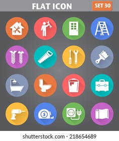 Vector application Home Repair and Tools Icons set in flat style with long shadows.