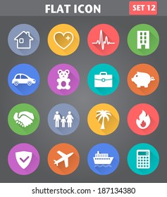 Vector application Insurance Icons set in flat style with long shadows.