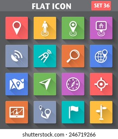Vector application Location, Navigation and Map Icons set in flat style with long shadows.
