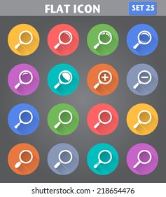 Vector application Magnifier Glass and Zoom Icons set in flat style with long shadows.