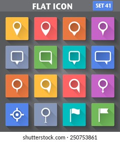 Vector application Map Pointer Icons set in flat style with long shadows.