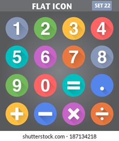 Vector application Numbers and Mathematical Icons set in flat style with long shadows.