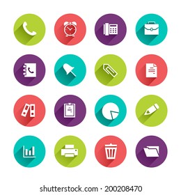 Vector Application  Office and Business Icons Set in Flat Design with Long Shadows on circle buttons with phone alarm clock fax briefcase pin document file folder diagram pen printer trash can signs