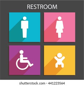 Vector application Restroom Icons set: man, woman, wheelchair person symbol and baby  in flat style 