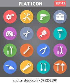 Vector application Tools Icons set in flat style with long shadows.