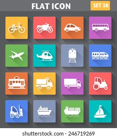 Vector application Transport Icons set in flat style with long shadows.