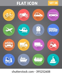 Vector application Transport Icons set in flat style with long shadows.