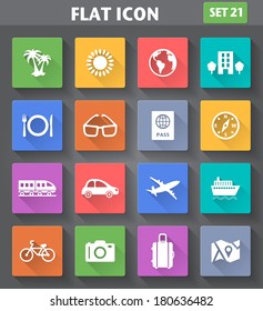 Vector application Travel and Vacation Icons set in flat style with long shadows.