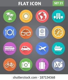 Vector application Travel and Vacation Icons set in flat style with long shadows.