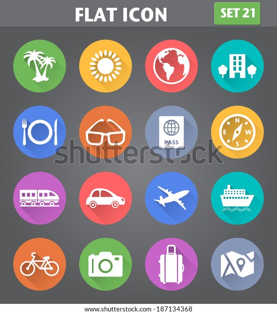 Vector application Travel and Vacation Icons set\
in flat style with long\
shadows.