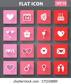 Vector application Valentines Day Icons set in flat style with long shadows.