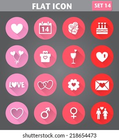 Vector application Valentines Day Icons set in flat style with long shadows.