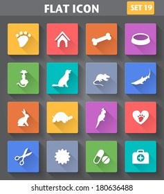 Vector application Veterinary Pet Icons set in flat style with long shadows.