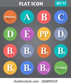Vector application Vitamins Icons set in flat style with long shadows.