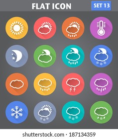 Vector application Weather Icons set in flat style with long shadows.