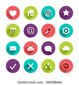 Vector Application  Web Icons Set in Flat Design with Long Shadows on circle buttons with heart home globe star calendar mail search gear envelope speech bubble cloud map clock yes no signs