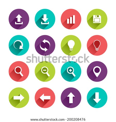 Vector Application  Web Icons Set in Flat Design with Long Shadows on circle buttons with upload download arrows up down left right lamp zoom map pointer diagram floppy disk signs