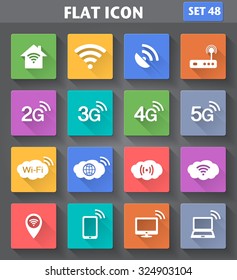 Aplicación vectorial Iconos inalámbricos y Wifi. Símbolos de tecnología 2G, 3G, 4G y 5G. Iconos de estilo plano con largas sombras.