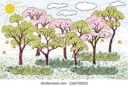 'Vector applique' of flowering trees in a spring sunny day