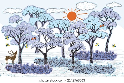 'Vector applique' of snow-covered trees in a winter park