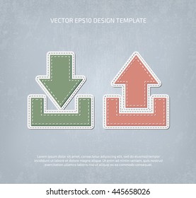 Vector applique style download and upload icons. Layered, double stitched