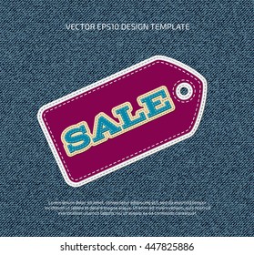 Vector applique style tag on denim background. Layered, double stitched. Fabric label. Sale