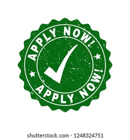 Vector Apply Now! grunge stamp seal with tick inside. Green Apply Now! imprint with draft surface. Round rubber stamp imprint.