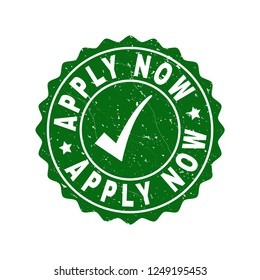 Vector Apply Now grunge stamp seal with tick inside. Green Apply Now label with grunge texture. Round rubber stamp imprint.