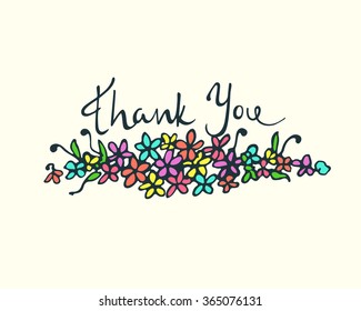 Vector appreciation card. Vector graphics of hand drawn floral garland with hand written inscription Thank You. Beautiful floral design.