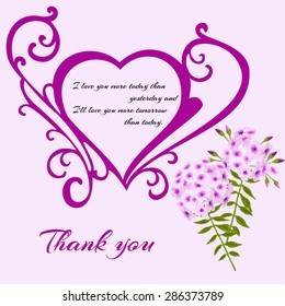 Vector appreciation card, greeting, invitation, a declaration of love. Decorative heart on a light pink background complemented by pink flowers.