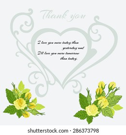Vector appreciation card, greeting, invitation, a declaration of love. Decorative heart on a light background with yellow roses.
