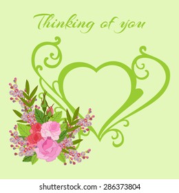 Vector appreciation card, greeting, invitation, a declaration of love. Decorative heart on a light green background complemented by an elegant bouquet of roses and wild flower clusters.