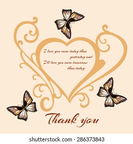 Vector appreciation card, greeting, invitation, a declaration of love. Decorative heart on a light beige background complemented butterflies.