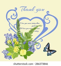 Vector appreciation card, greeting, invitation, a declaration of love. Decorative heart on a light yellow background complemented by an elegant bouquet and butterfly.